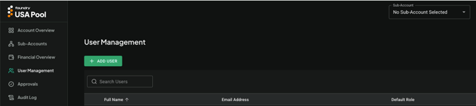 00 
00 
6% 
0) 
USA Pool 
Account Overview 
Sub-Accounts 
Financial Overview 
User Management 
User Management 
+ ADD USER 